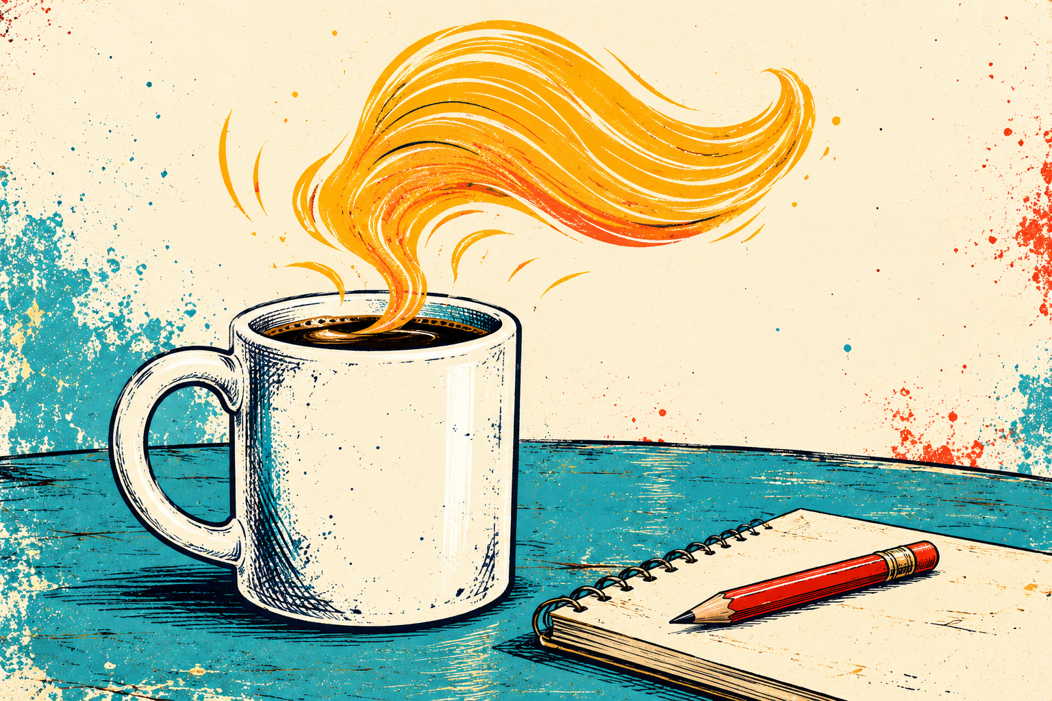 Coffee steam curls into a golden hair swoop above a white illustrated mug.