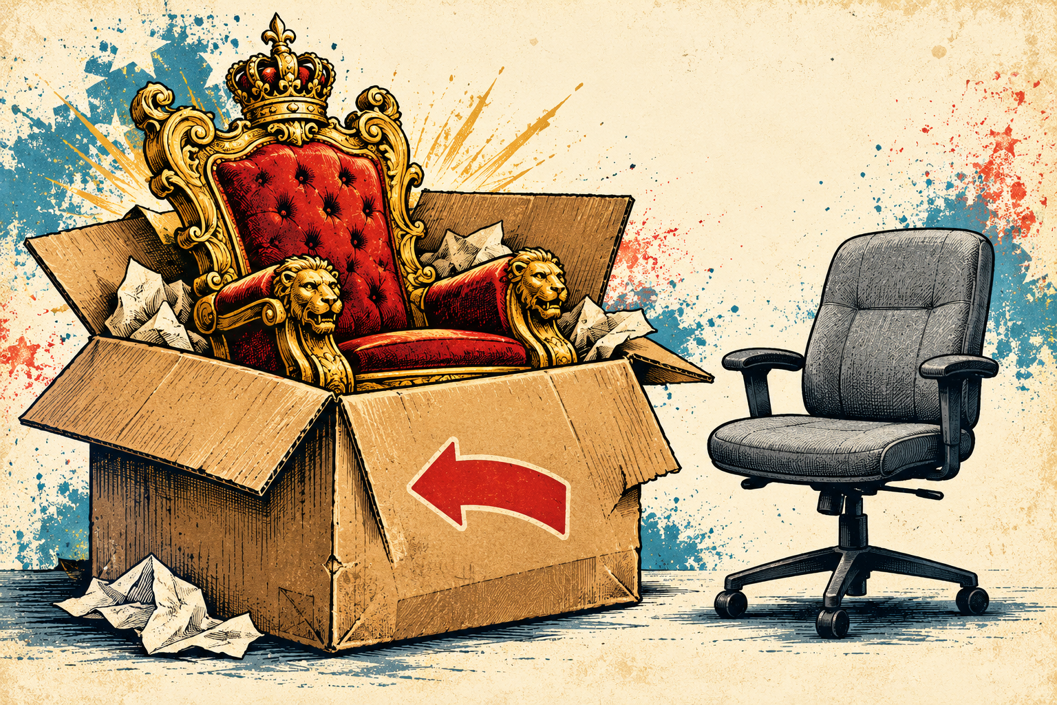 Golden throne in a return box beside an ordinary office chair.